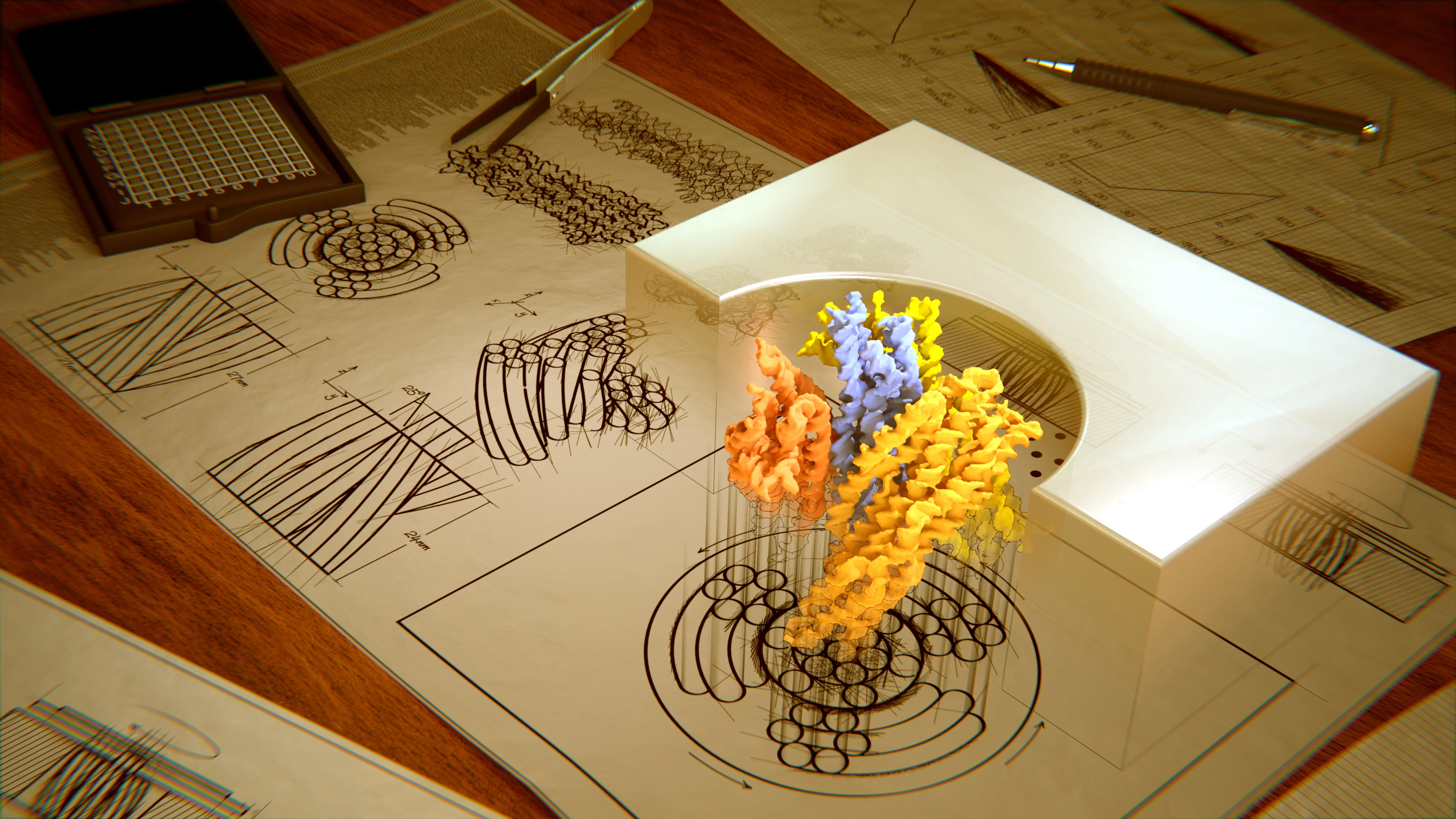 a artistic illustration of a DNA turbine 3D model on its blueprints